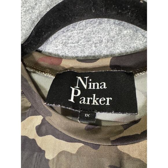 Nina‎ Parker Top Women 1X Green Camo Sheer Mesh Blouse Long Sleeve Stretch - Picture 2 of 7